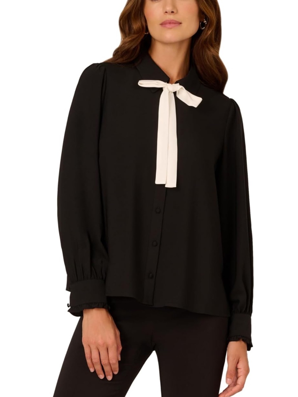 Black Long-Sleeve Tie-Neck Blouse with Cream Bow Adrianna Papell